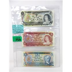 3 Canadian Vintage 1970's Bank Notes