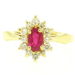 18k Yellow Gold 0.95 ctw Oval Ruby Solitaire & Round Brilliant Diamond Halo Ring