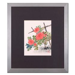 Caroline Young,  Floral III  Framed Original Gouache Painting on Mother of Pearl Paper, Hand Signed 