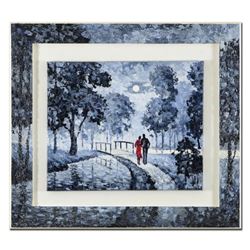 Alexander Antanenka, "Couple in a Moonlit Park" Framed Original Oil Painting on Canvas with Hand Pai