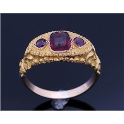 Highly Engraved 10K Gold & Rhodolite Garnet c1900-