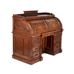 Eastlake Walnut Burl Cylinder Roll Top Desk 19th C