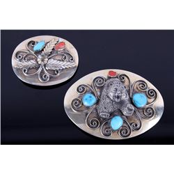 Two Navajo J Roan Silver Turquoise & Coral Buckles