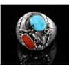 Image 1 : Signed Navajo Silver Turquoise & Coral Ring