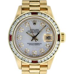 Rolex Ladies 18K Yellow Gold MOP Diamond & Ruby President Wristwatch With Rolex