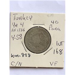 Vintage TURKEY 40 Para Coin in Very Fine Grade