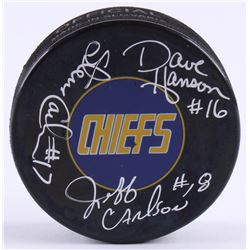 Dave Hanson, Steve Carlson  Jeff Carlson Signed Chiefs "Slap Shot" Logo Hockey Puck (Schwartz COA)