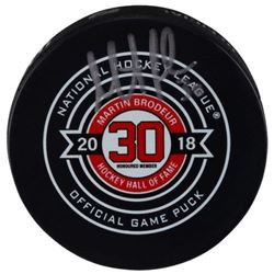 Martin Brodeur Signed Hall of Fame Logo Hockey Puck (Fanatics Hologram)