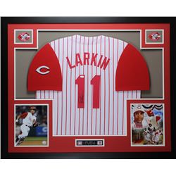Barry Larkin Signed Reds 35x43 Custom Framed Jersey (JSA COA)