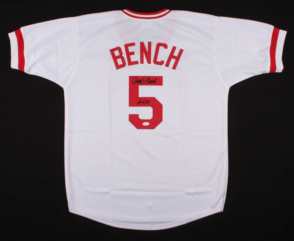 Johnny Bench Signed Cincinnati Reds Jersey Inscribed Hof 89