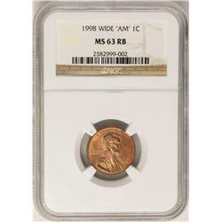1998 Wide "AM" Lincoln Wheat Cent Coin NGC MS63RB
