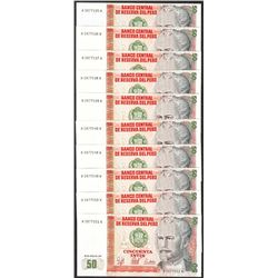 Lot of (10) 1987 Peru Cincuenta Intis Uncirculated Bank Notes
