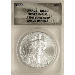 2008 $1 American Silver Eagle Coin ANACS MS69 First Strike