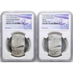 Lot of (2) 1973 Israel 10 Lirot Silver Coins NGC PF66 Ultra Cameo