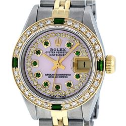 Rolex Ladies 2 Tone 14K MOP Diamond & Emerald Datejust Wristwatch