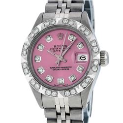 Rolex Ladies Stainless Steel Pink Pyramid Diamond Datejust Wristwatch