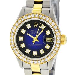 Rolex Ladies 2 Tone 14K Blue Vignette VS Diamond Oyster Datejust Wristwatch