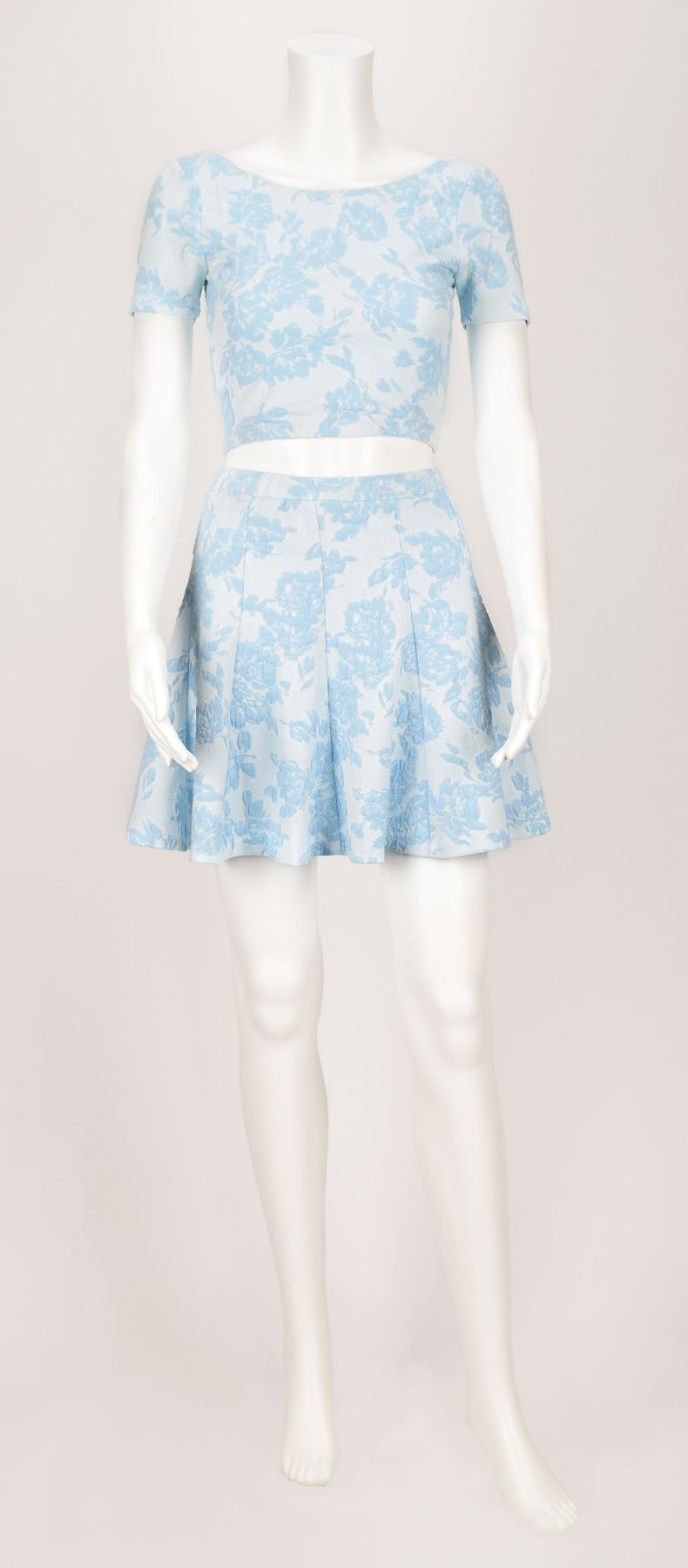 blue and white two piece outfit