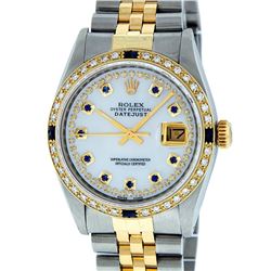 Rolex Mens 2 Tone 14K Mother Of Pearl Diamond & Sapphire Datejust Wristwatch