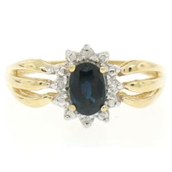 14k Yellow Gold 0.79 ctw Oval Royal Blue Sapphire Ring w/ 4 Round Diamond Accent