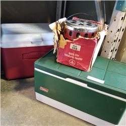 GREEN COLEMAN AND RED RUBBERMAID COOLERS AND COLEMAN CATALYTIC HEATER