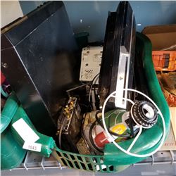 PS3 CONSOLE AND ELECTRONICS IN GREEN BASKET