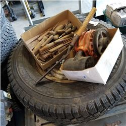 NOKIAN LT 265/75 R16 ON 8 BOLT FORD RIM, VINTAGE TOOLS, AND VACUUM MILKER PUMP