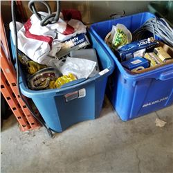 2 TOTE OF ELECTRICAL WIRE, DRYWALL TOOLS, AND MORE AND TOTE OF OVERALLS AND SAFETY GEAR