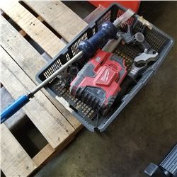 BOX OF EXTENSION CORDS AND POWER BARS MILWAUKEE HAMMERVAC AND TOOLS