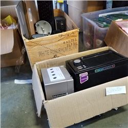 GAME CUBE CONSOLE, SONY MINI, KARAOKE MACHINE, AND BOX OF ELECTRONICS