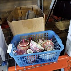 BOX AND BASKET OF EASTERN DISHES, TEA SET, AND TUREEN