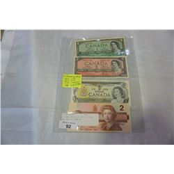 4 CANADIAN BILLS 1954 $1 1954 $2 1973 $1 1986 $2