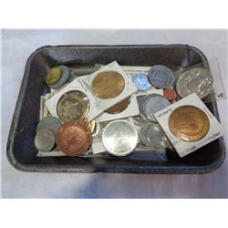 TRAY OF TOKENS AND COINS