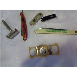 TRAY OF KNIVES, RAZOR, AND CIGAR CUTTER