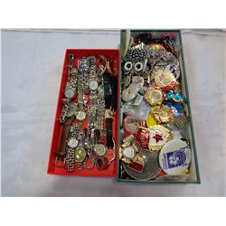TRAY OF VARIOUS PINS AND TRAY OF WATCHES