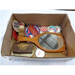 TRAY OF BUTTON PINS, HAND MIRROR, AND COLECTIBLES