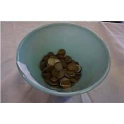 LOT OF EASTERN COINS AND BLUE FIRE KING BOWL