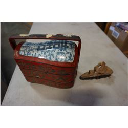EASTERN 2-TIER JEWELLERY BOX AND CARVED STONE FIGURE