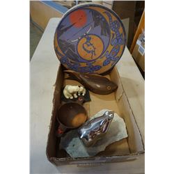 CLARENCE WELLS DRUM, METAL BEAR FIGURE, AND WOOD BOWL