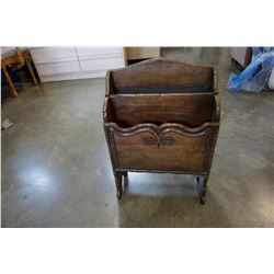 CLAW FOOT CARVED STOOL AND VINTAGE MAGAZINE RACK