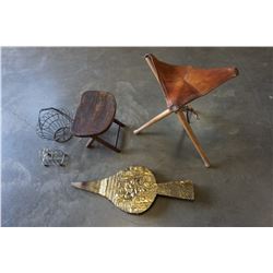 ANTIQUE LEATHER POP UP CHAIR W/ VINTAGE BELLOWS, FOLD OUT STOOL, VINTAGE EGG GATHERER, AND VINTAGE T