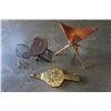 Image 1 : ANTIQUE LEATHER POP UP CHAIR W/ VINTAGE BELLOWS, FOLD OUT STOOL, VINTAGE EGG GATHERER, AND VINTAGE T