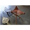Image 2 : ANTIQUE LEATHER POP UP CHAIR W/ VINTAGE BELLOWS, FOLD OUT STOOL, VINTAGE EGG GATHERER, AND VINTAGE T