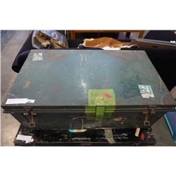 VINTAGE GREEN METAL SHIPPING TRUNK