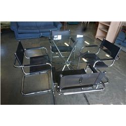 GLASSTOP CHROME BASE DINING TABLE WITH 4 LEATHER SLING CHAIRS