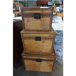 3 NESTING LEATHER LOOK WOOD LINED TRUNKS W/ WORLD MAP PATTERN