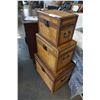 Image 2 : 3 NESTING LEATHER LOOK WOOD LINED TRUNKS W/ WORLD MAP PATTERN