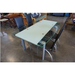 MODERN GLASSTOP DINING TABLE WITH 2 DRAW LEAFS AND 4 LEATHER CHAIRS