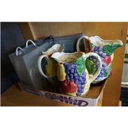LOT OF FRUIT BASKET PITCHERS, DVD PLAYER, AND LAMPS