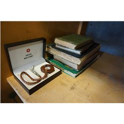 VINTAGE HARDCOVER BOOKS AND LEATHER CASED SWISS WATCH